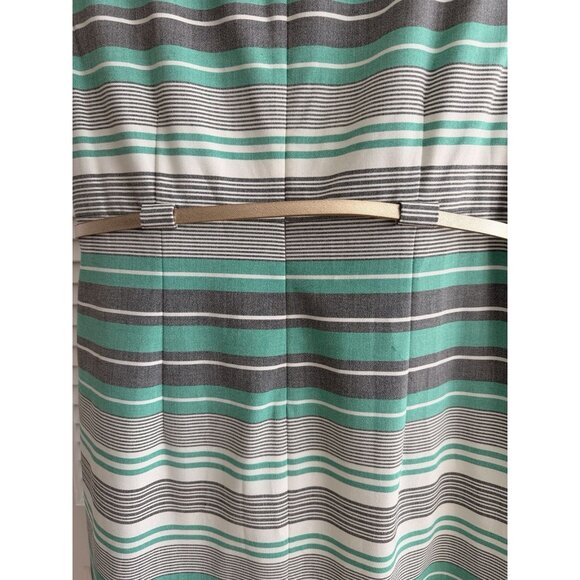 Calvin Klein 16W Sheath Dress Green Gray Stripe Belted Knee Length Lined Career - Picture 4 of 10